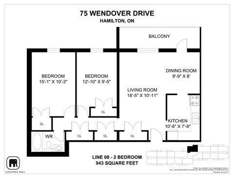 Floor plan for 2 beds, 1 bath, 943 sqft